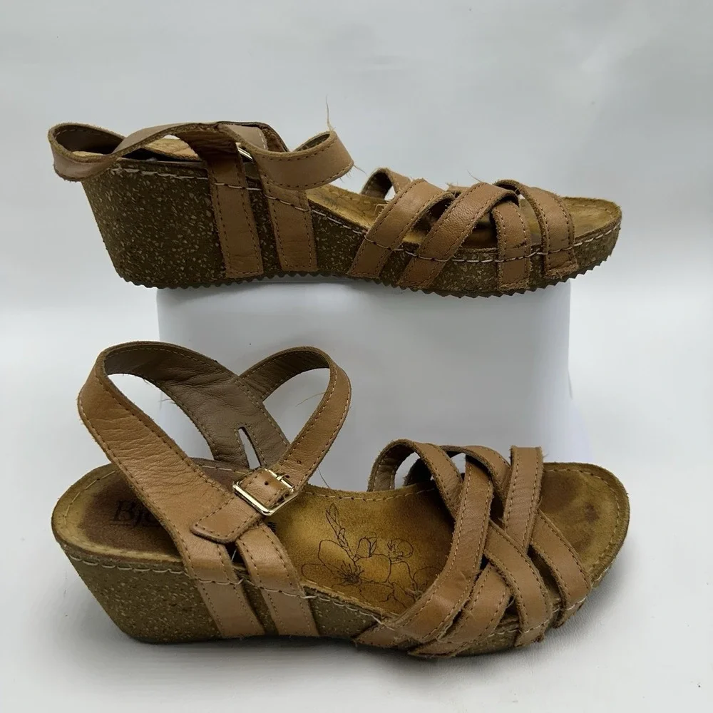 Bjorndal Lily Strappy Wedge Sandals Womens Brown Leather 6M Comfort strappy Cork